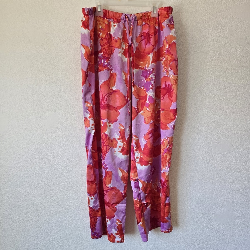 Natori Satin Lounge Pants Floral Wide Leg Pajama Bottoms Comfy Silky Soft Large